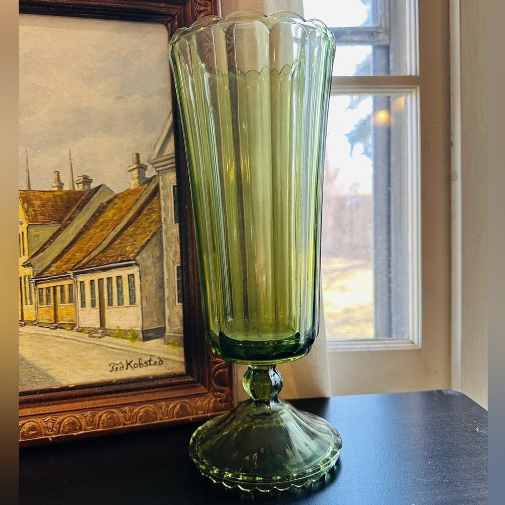 Vintage MCM Depression Glass Green Vase